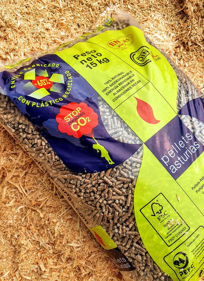 Pellets Asturias 1 Palet (1080 kg )de 72 Sacos certificado Enplus 15 kg